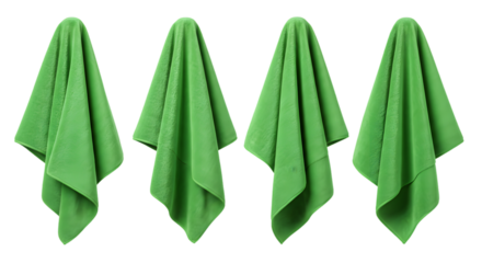 Green microfiber cloths hanging, isolated on white  