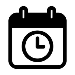 Calendar icon in minimal black style with clock representing scheduled events tasks or deadlines in UI or time planner concept - concept of time management and productivity
