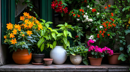 Colorful Flowers In Potted Plants On Windowsill