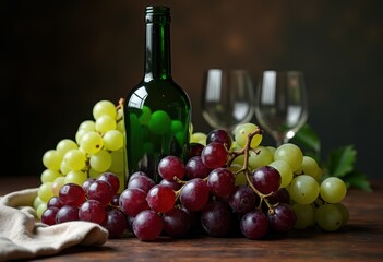 Fototapeta premium elegant still life composition wine bottle grapes table setting dramatic lighting textures colorful arrangement, elegance, food, drink, beverage, fruit
