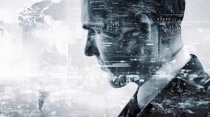 Profile of Businessman with Technology Overlay on Grid Background