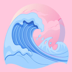 Ocean Wave illustration in blue and pink colors with clouds