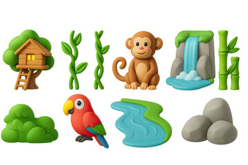Fototapeta premium 3D icon set of jungle scene: treehouse, jungle vines, monkey, parrot, waterfall, bamboo, river, rocks. 3d icon. Isolated