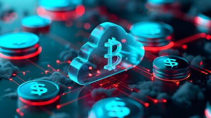 Fototapeta premium Glowing blue cloud symbol with crypto coin logo, surrounded by digital dollar coins on a dark, abstract tech background. Cryptocurrency, cloud finance concept. 