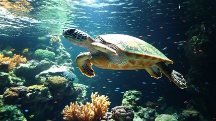 Obraz premium Sea turtle swimming peacefully in crystal clear waters surrounded by colorful coral reefs and tiny tropical fish