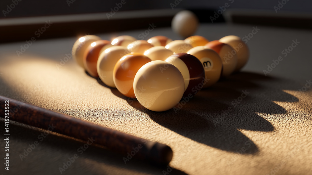 Aufkleber close-up of billiard balls arranged on a pool table, illuminated by sunlight casting shadows, showca