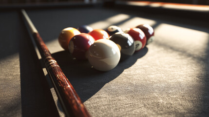 Close-up of billiard balls arranged in a triangle on a pool table, illuminated by sunlight, with a cue stick partially visible, suggesting leisure, game, and competition