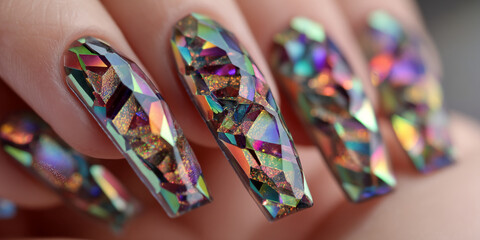 Fototapeta premium Close-up of iridescent nail art, showcasing geometric, multifaceted design elements, creating a luxurious and glamorous effect, ideal for beauty and fashion concepts