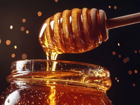 Golden honey pouring from a wooden dipper into a glass jar dark background with bokeh lights
