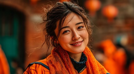 Close-up portrait of a smiling young woman with dark hair styled up, wearing an orange scarf and garment, set against a blurred background of orange lanterns and brick