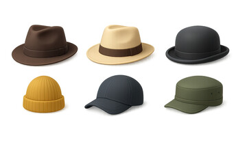 Stylish headwear icons set: 3d collection of hats and caps in various designs