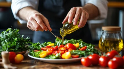 food cooking, profession and people concept - close up of male chef cook dressing plate of vegetable salad with olive oil at restaurant kitchen table