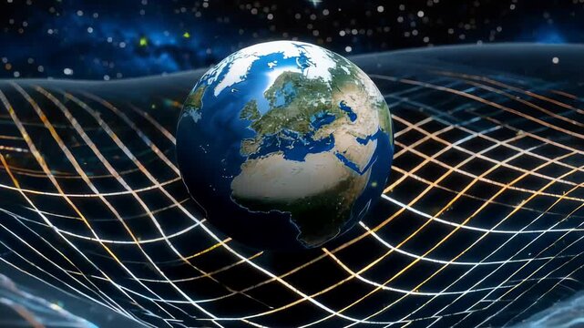 Cosmic interaction: video illustrating Earth's place in curved space-time, with grid and glowing lines symbolizing gravity's influence, particles, and atmospheric , representing universal forces.