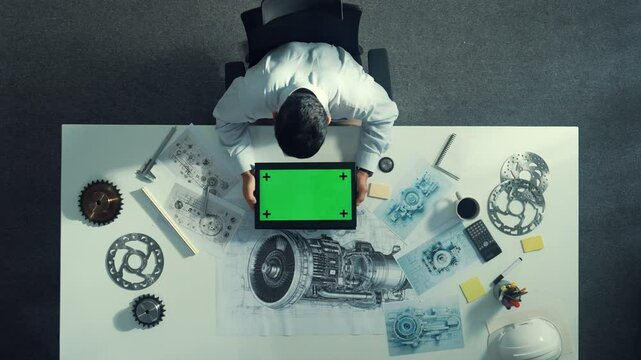 Top view of skilled engineer writing in paper while looking at tablet display green screen with turbine engine sketch design and metal gear and architectural equipment scatter around. Alimentation.