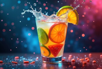 colorful drink mid air vibrant backdrop dynamic splash artistry, liquid, beverage, glass, juice, party, cocktail, fizzy, refreshment, movement, floating
