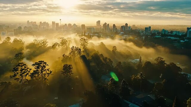 Stunning aerial hyperlapse of Brisbane city revealing sunrise over misty landscape, Aerial hyperlapse, dronelapse video of Brisbane city in Australia in early morning