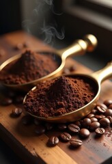 rich coffee grounds polished brass scoops rustic wood surface natural aromatic coffee experience, brewing, tablespoon, texture, kitchen, cuisine, brown