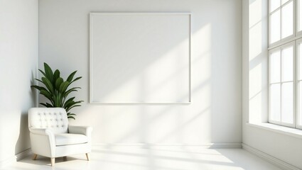 Fototapeta premium Modern gallery interior with blank white canvas on wall, chair, and plant. Copy space available. Ai generative illustration