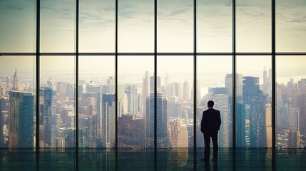 Fototapeta premium Executive Standing Before Glass Window Watching Cityscape View