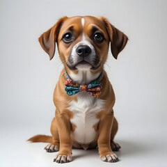 A small dog wearing a cute bow tie, sitting calmly and posing adorably, perfect for pet lovers and expressing charm, companionship, and animal affection.
