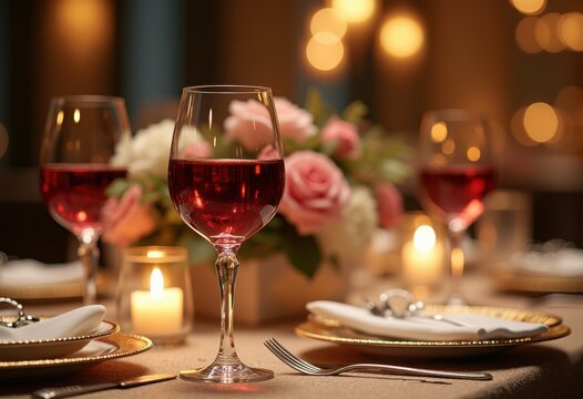 rich red wine crystal glassware elegant table setting refined dining experience sophisticated atmosphere luxurious decor, elegance, beverage, drink, liquid