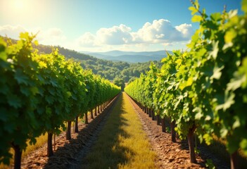 Obraz premium vibrant vineyard rows lush grapevines rolling hills scenic landscape bountiful harvest nature outdoors, field, scenery, crop, leaf, green, sky, farm, rural
