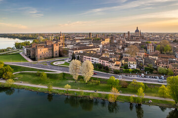 Romantic charming sunset cityscape of Mantua, Italy