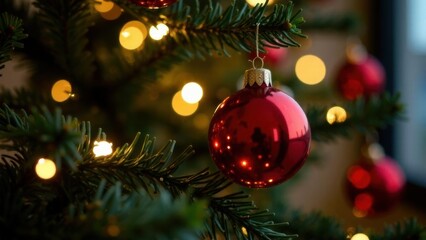 Christmas Tree With Baubles And Blurred Shiny Lights