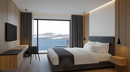 Modern Hotel Bedroom With Mountain View