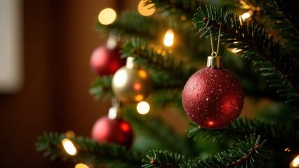 Christmas Tree With Baubles And Blurred Shiny Lights