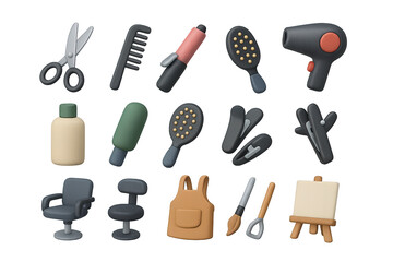 3D icon set of professional costumes: doctor coat, nurse uniform, firefighter suit, police uniform, judge robe, military uniform, chef hat, construction helmet. 3d icon. Isolated