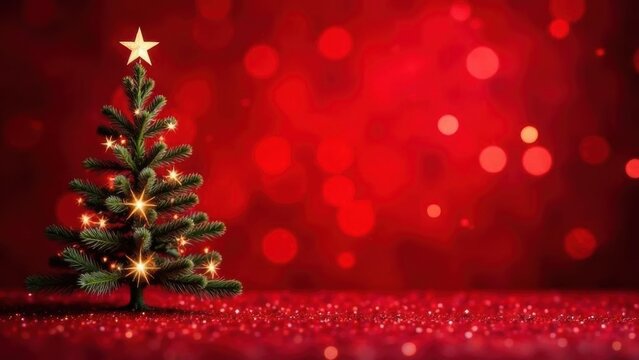 Christmas background with xmas tree and sparkle bokeh lights on red canvas background. Merry christmas card. Winter holiday theme. Happy New Year. Space for text