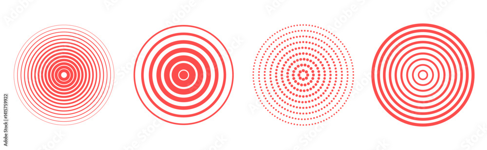 Aufkleber Set of  different red concentric circles icon isolated on transparent background. Vector geometry design element for concept of  target, radiate, pain, earthquake, sound wave. Editable stroke.