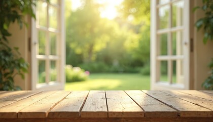 Wooden table with open window green summer nature background. Blurry green garden view, bright sunny day, creating relaxing mood. Home decor, tabletop empty space for products, design, mockup,