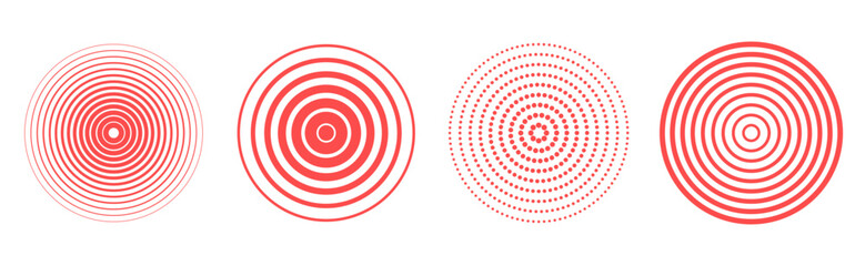 Set of  different red concentric circles icon isolated on transparent background. Vector geometry design element for concept of  target, radiate, pain, earthquake, sound wave. Editable stroke.