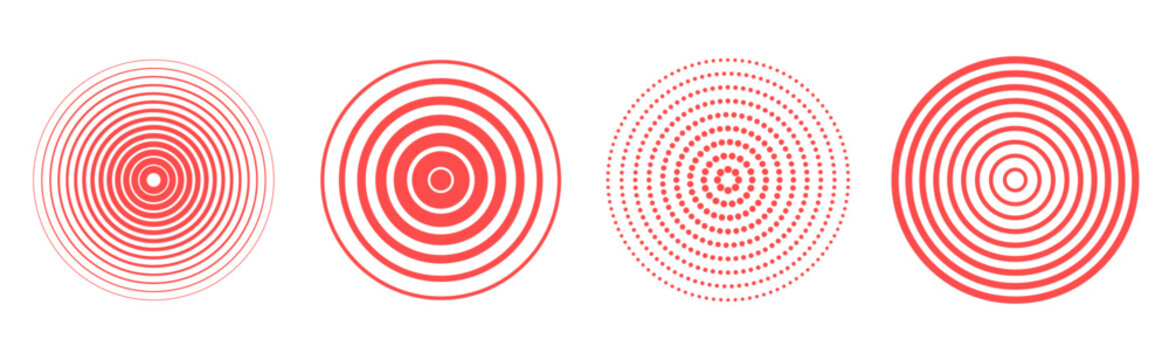 Set of  different red concentric circles icon isolated on transparent background. Vector geometry design element for concept of  target, radiate, pain, earthquake, sound wave. Editable stroke.