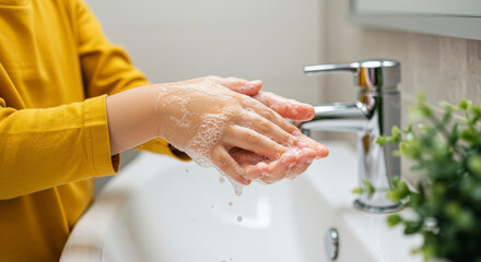 Child washing hands with soap and bubbles in bathroom, close-up