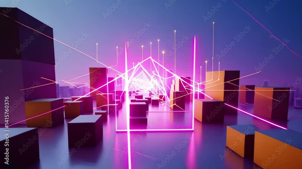 Aufkleber data blocks sharing network in vibrant digital landscape at twilight, animation depicting data block