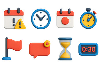 3D icon set of mobile app deadlines: calendar alert, clock icon, due date, time tracker, deadline flag, notification popup, hourglass icon, countdown timer.