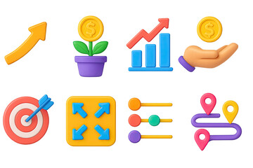3D icon set of business growth: upward arrow, plant with coin, growth graph, investment icon, target achievement, expansion plan, timeline, roadmap.