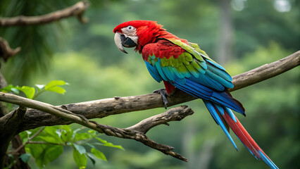 Obraz premium Portrait close up of colorful Scarlet Macaw parrot in Mexico against green natural background. Love parrots. Ara chloroptera parrot, a member of a large group of Neotropical parrots called macaws