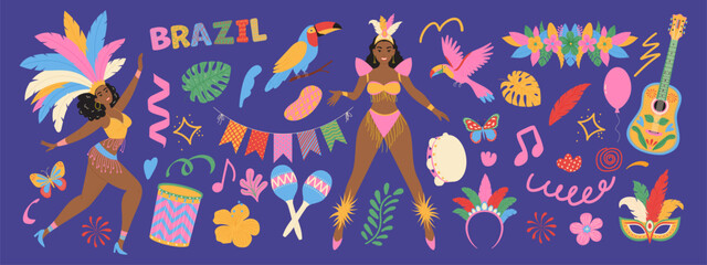 Set of Brazilian carnival elements. Masks, exotic bird, dancing women, guitar, flowers. Modern vector illustration