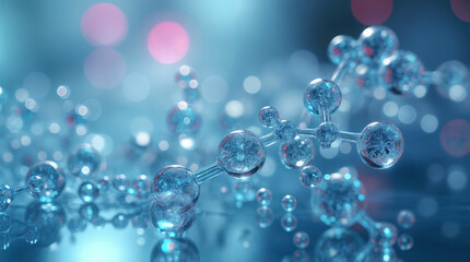 Transparent molecules drift through a colorful, fluid atmosphere. Their interaction with light and form evokes a sense of futuristic science. The scene captures both elegance and complexity in motion.