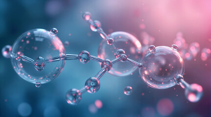 Suspended molecular structures reveal the hidden beauty of liquid dynamics. The abstract setting enhances the surreal impression of scientific elements. 