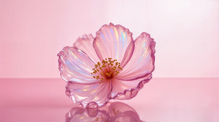 Translucent pink glass flowers bloom in soft light, reflecting delicate hues across their curved surfaces. The dreamy aesthetic evokes luxury, fragility, and the intersection of art.