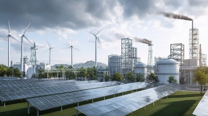 Obraz premium Clean Energy Hub with Solar Panels and Wind Turbines in Landscape