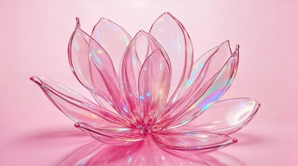 Elegant glass flowers with translucent pink petals shimmer against a soft background. Their delicate reflections and fluid curves create a surreal fusion of natural beauty and refined visual design.