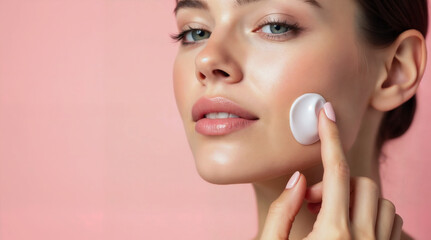 A young woman&rsquo;s face is shown in close-up with a gentle swipe of face cream on her cheek. The soft lighting and smooth skin emphasize freshness, skincare routine, and natural feminine beauty.