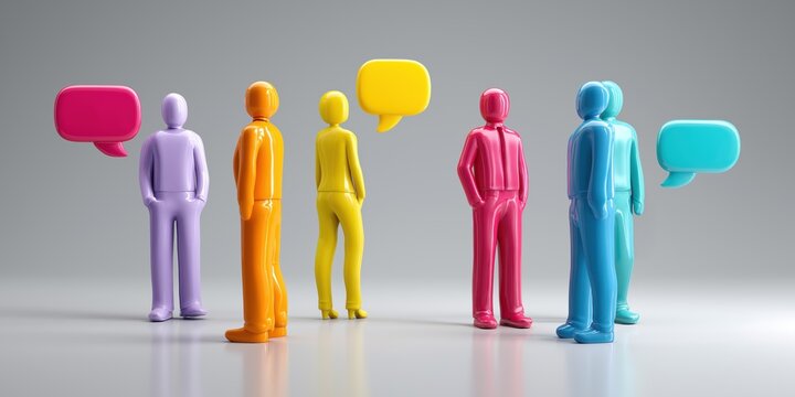 A group of people are standing in a line and talking to each other. The people are wearing different colored clothes and are all facing the same direction