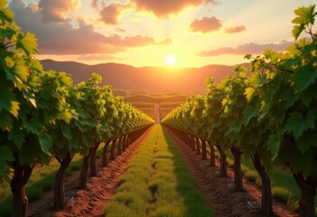 Fototapeta premium vineyard rows golden hour glow nature landscape sunlit grapevine fields rolling hills, sunset, light, shadows, scenery, agriculture, vines, fruit, green
